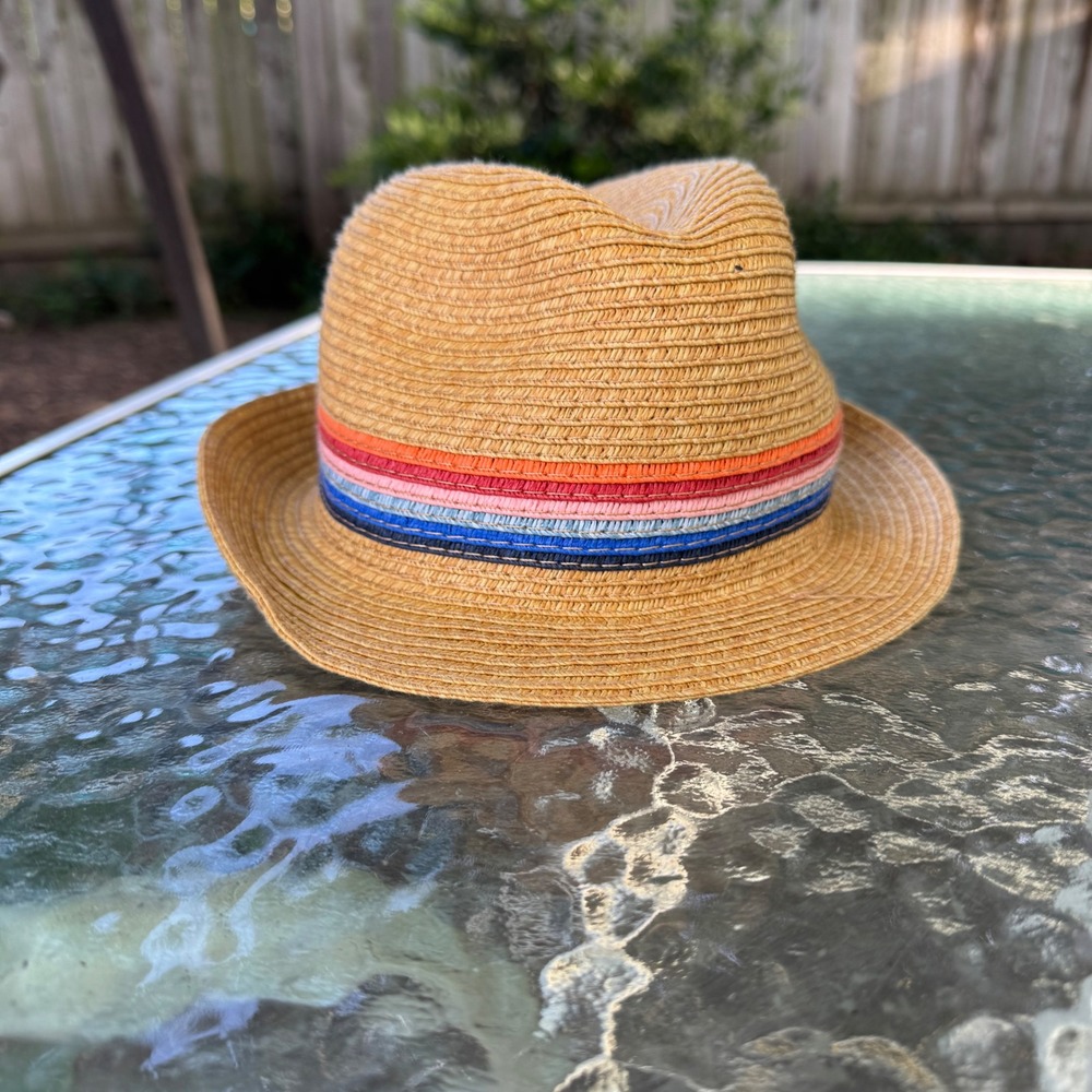 Target Kids Tan Woven Straw Fedora Hat Multi Color Striped Band 217071259